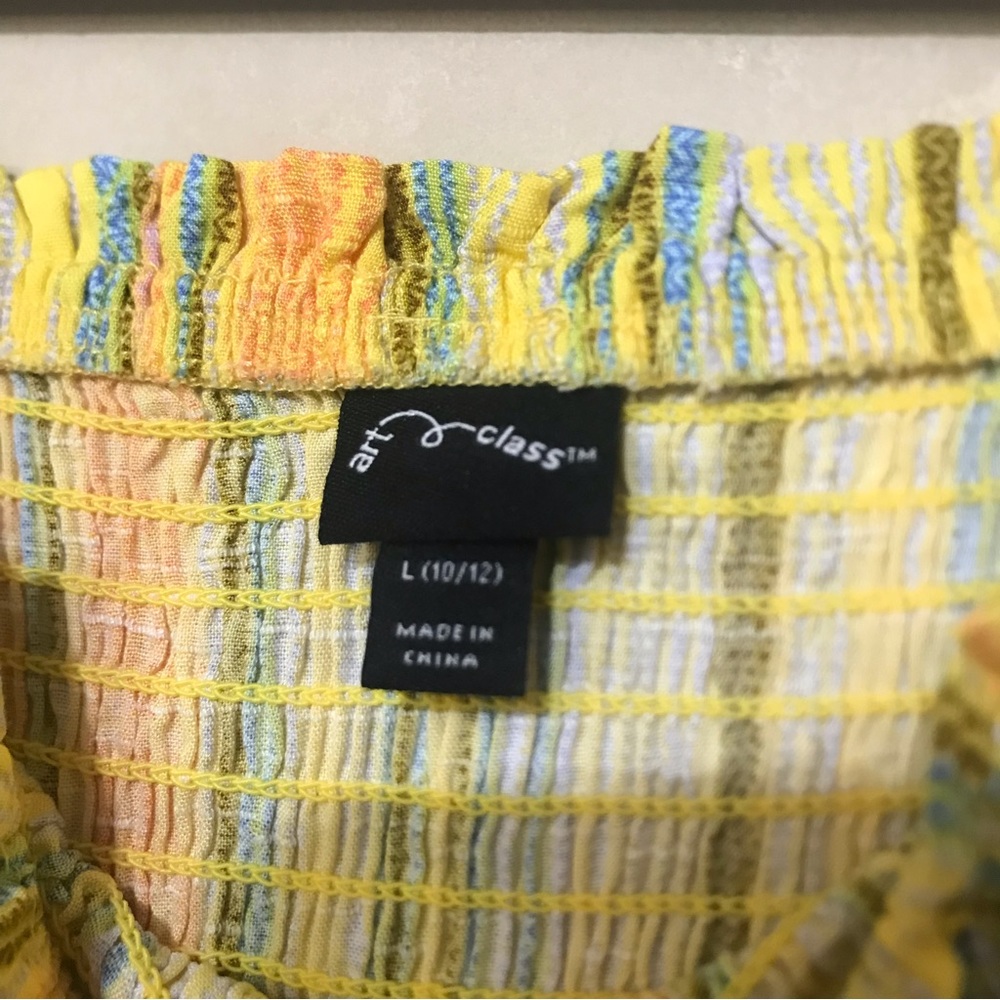 $5 SALE Smocked Romper Size Large 10/12 Yellow Multicolored Stripes NWT - Picture 4 of 5